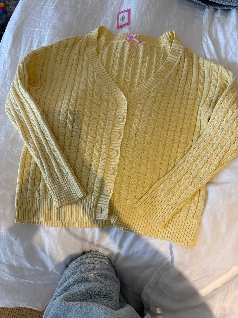 Edikted Pale Yellow Cable-Knit V-Neck Cardigan